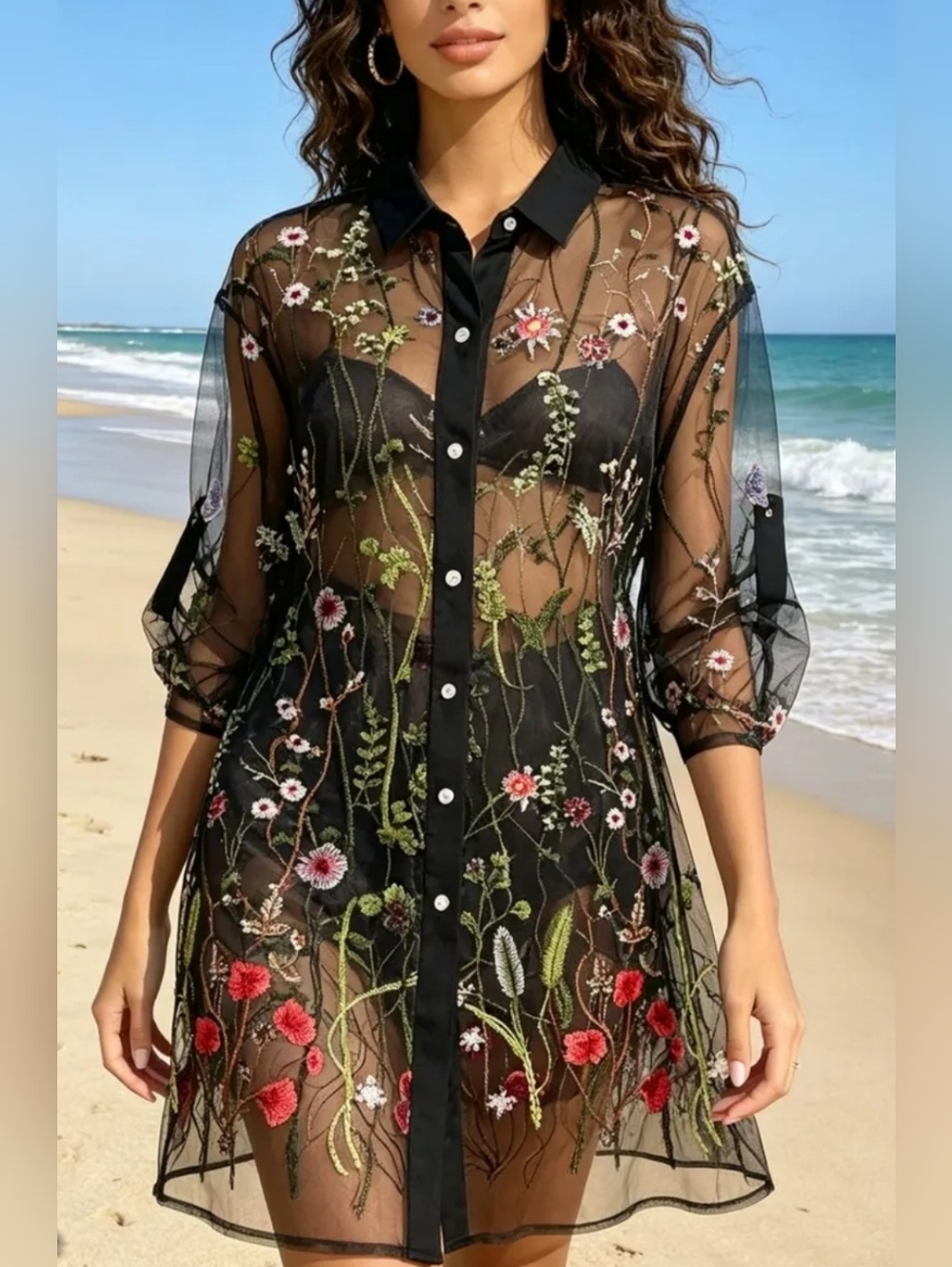 Sheer Black Floral Embroidered Button-Front Beach Cover-Up